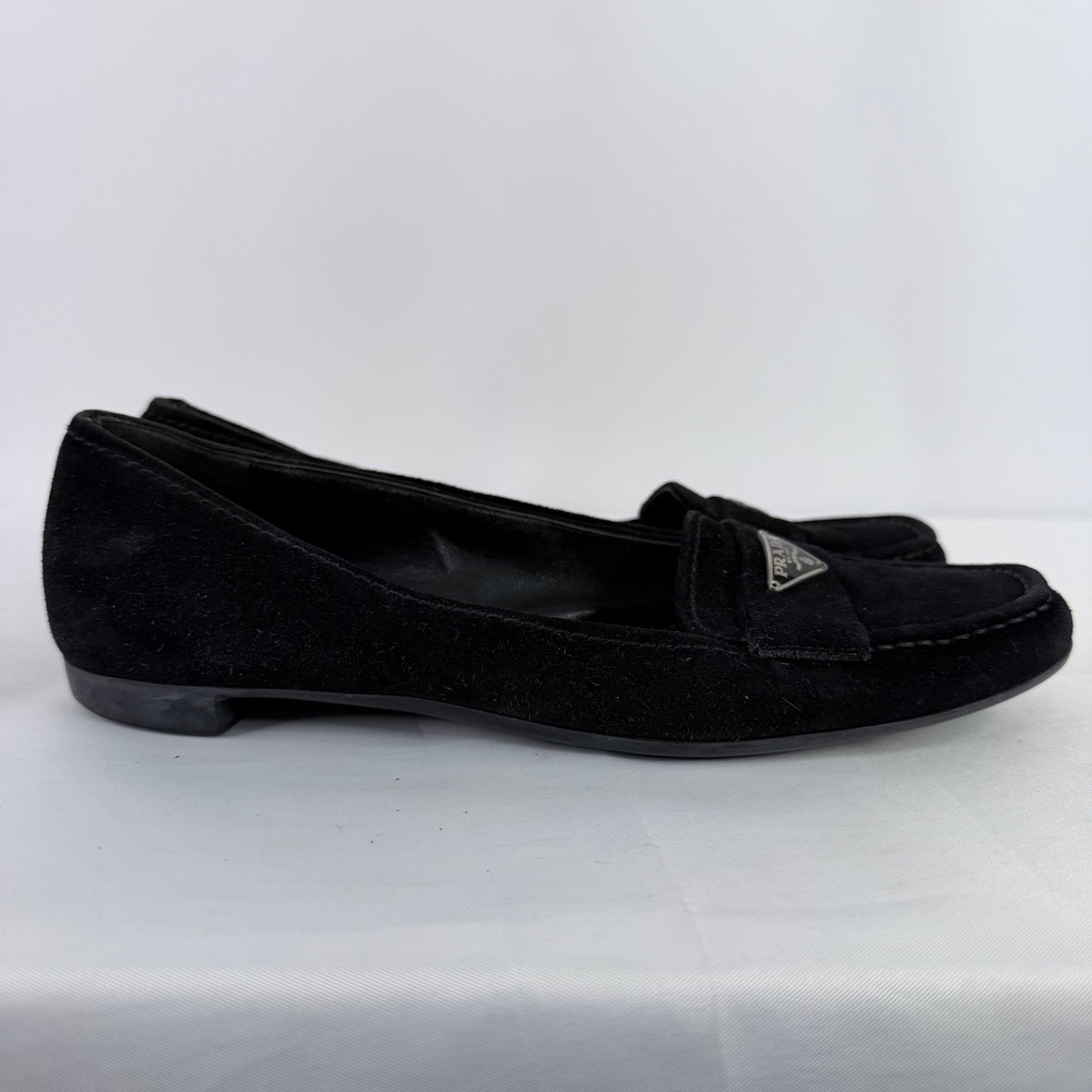 Prada Loafers Women Size 37 Black Suede Triangle Logo Flat Shoes Made in Italy - Picture 5 of 13